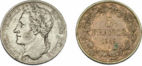MONEDAS EXTRANJERAS. BÉLGICA. Leopoldo I. 5 francos. 1849. KM-32. MBC.