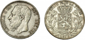 MONEDAS EXTRANJERAS. BÉLGICA. Leopoldo II. 5 francos. Bruselas. 1873. KM-24. MBC-/MBC.