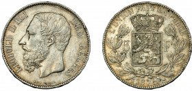 MONEDAS EXTRANJERAS. BÉLGICA. Leopoldo II. 5 francos. Bruselas. 1875. KM-24. Golpe en canto. MBC+.