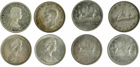 MONEDAS EXTRANJERAS. CANADÁ. Lote de 4 monedas de 1 dólar. 1951, 1961, 1965 y 1966. KM-46, 54 y 64. Calidad media EBC.
