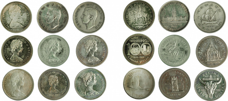 MONEDAS EXTRANJERAS. CANADÁ. Lote de 9 monedas de 1 dólar. 1939, 1949, 1967, 197...