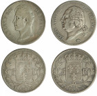 MONEDAS EXTRANJERAS. FRANCIA. Lote de 2 monedas de 5 francos: 1827 (Carlos X, Marsella, KM 728.10) y 1822 (Luis XVIII, París, KM-711.1). MBC/MBC-.