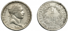 MONEDAS EXTRANJERAS. FRANCIA. Napoleón I. 2 francos. 1808-M. KM-684.7. Rayas de ajuste. MBC.