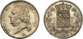 MONEDAS EXTRANJERAS. FRANCIA. Luis XVIII. 5 francos. 1822. París. A. KM-7111.1. Golpecitos en gráfila. EBC.