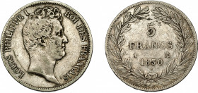 MONEDAS EXTRANJERAS. FRANCIA. Luis Felipe. 5 francos. 1830. KM-737.1. Pequeñas marcas. MBC-.