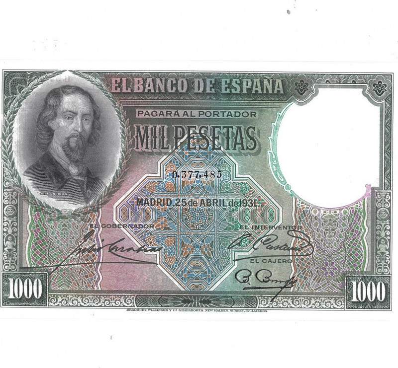 BILLETES ESPAÑOLES. 1000 pesetas. 25 de abril de 1931. ED-C13. Plancha. Muy esca...