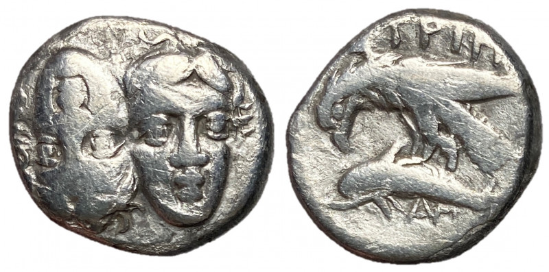 Moesia, Istros, 340 - 313 BC
Silver Drachm, 19mm, 5.25 grams
Obverse: Two faci...