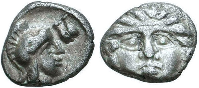 Pisidia, Selge, 350 - 300 BC
Silver Obol, 10mm, 0.94 grams
Obverse: Facing gor...