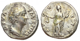 Diva Faustina Sr., 146 - 161 AD, Silver Denarius with Vesta