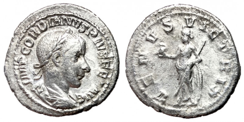 Gordian III, 238 - 244 AD
Silver Denarius, Rome Mint, 21mm, 1.53 grams
Obverse...