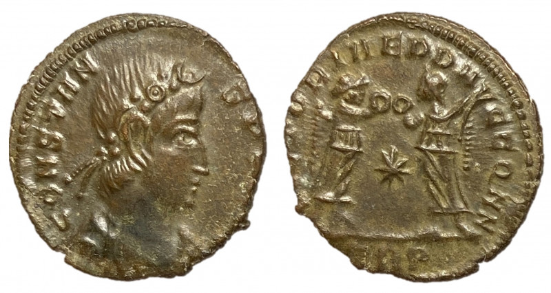 Constans, 337 - 350 AD
AE Follis, Treveri Mint, 16mm, 1.68 grams
Obverse: CONS...