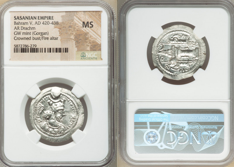 SASANIAN KINGDOM. Bahram V (Vahram) (ca. AD 420-438). AR drachm (28mm, 3h). NGC ...