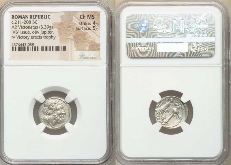 Anonymous. Ca. 211-208 BC. AR victoriatus (18mm, 3.39 gm, 2h). NGC Choice MS 4/5...