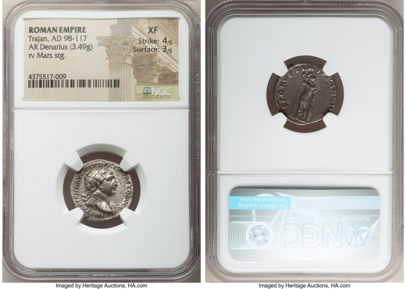 Trajan (AD 98-117). AR denarius (18mm, 3.49 gm, 6h). NGC XF 4/5 - 3/5. Rome, AD ...