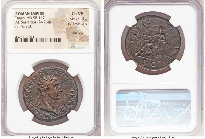 Trajan (AD 98-117). AE sestertius (33mm, 24.76 gm, 7h). NGC Choice VF 4/5 - 2/5,...