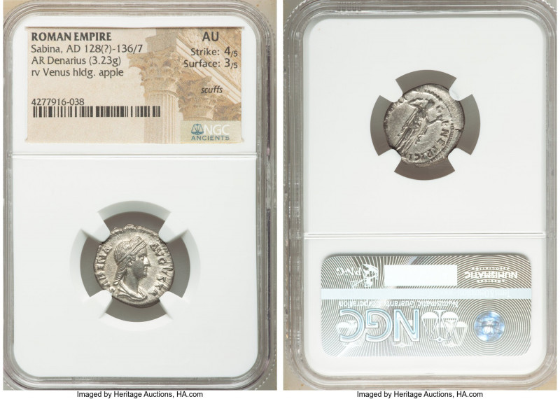 Sabina (AD 128-136/7). AR denarius (18mm, 3.23 gm, 7h). NGC AU 4/5 - 3/5, scuffs...