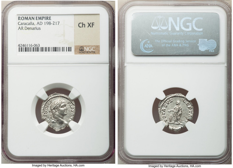 Caracalla (AD 198-217). AR denarius (19mm, 12h). NGC Choice XF. Rome, AD 206-210...