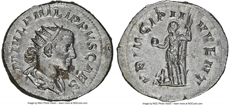 Philip II, as Caesar (AD 247-249). AR antoninianus (23mm, 4.18 gm, 1h). NGC MS 5...