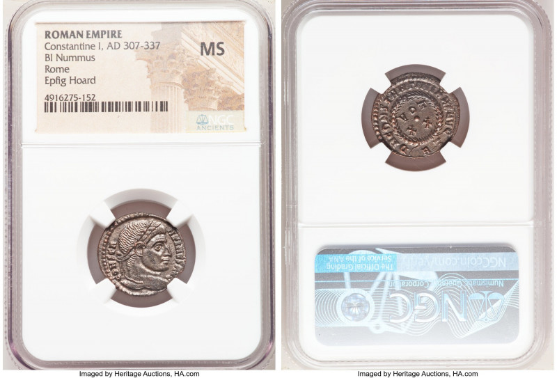 Constantine I the Great (AD 307-337). AE3 or BI nummus (19mm, 5h). NGC MS. Rome,...