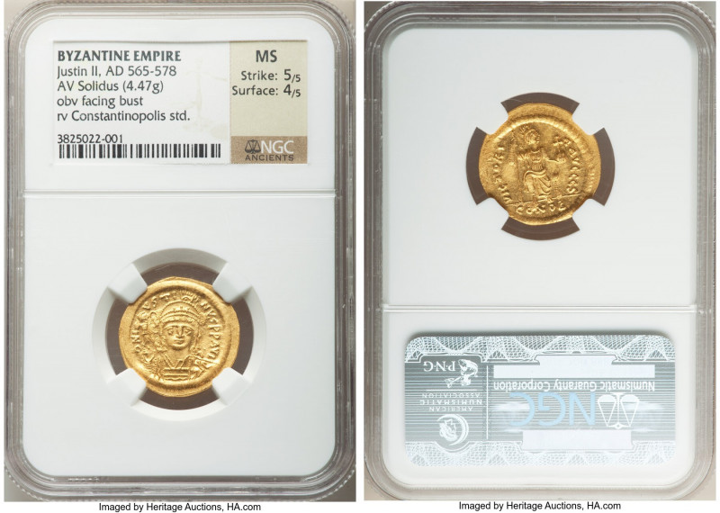 Justin II (AD 565-578). AV solidus (20mm, 4.47 gm, 5h). NGC MS 5/5 - 4/5. Consta...