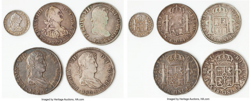 5-Piece Lot of Uncertified Multiple Reales, 1) Charles III Real 1781 PTS-PR - AU...