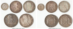 5-Piece Lot of Uncertified Multiple Reales, 1) Charles III Real 1781 PTS-PR - AU, Potosi mint, KM52. 21mm. 3.34gm. 2) Charles IV 4 Reales 1791 PTS-PR ...