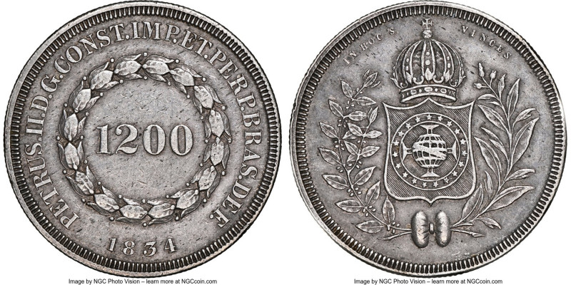 Pedro II 1200 Reis 1834 AU53 NGC, KM454. The first-year issue, struck in a minta...