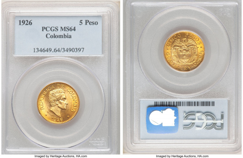 Republic gold 5 Pesos 1926 MS64 PCGS, Medellin mint, KM204. Large "6" variety. M...