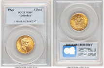 Republic gold 5 Pesos 1926 MS64 PCGS, Medellin mint, KM204. Large "6" variety. Mesmerizing amber tones dance across advanced surfaces throughout.

H...