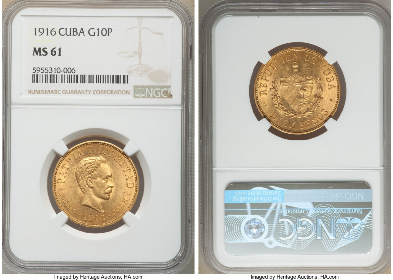 Republic gold 10 Pesos 1916 MS61 NGC, Philadelphia mint, KM20. AGW 0.4838 oz. 
...