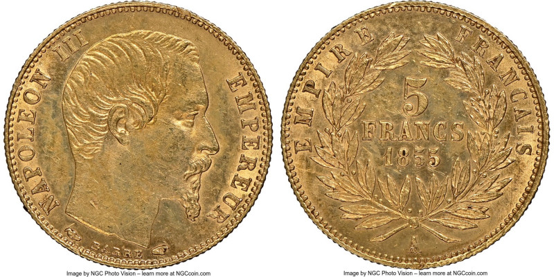 Napoleon III gold 5 Francs 1855-A MS63 NGC, Paris mint, KM783. Small size gold i...