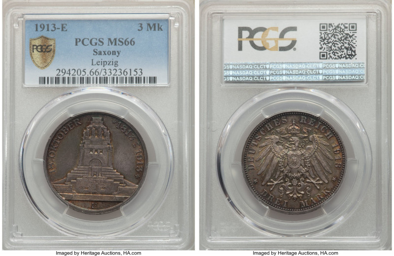 Saxony. Friedrich August III "Battle of Leipzig" 3 Mark 1913-E MS66 PCGS, Mulden...