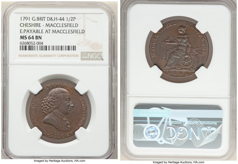 Cheshire. Macclesfield copper 1/2 Penny Token 1791 MS64 Brown NGC, D&M-44. 29mm....