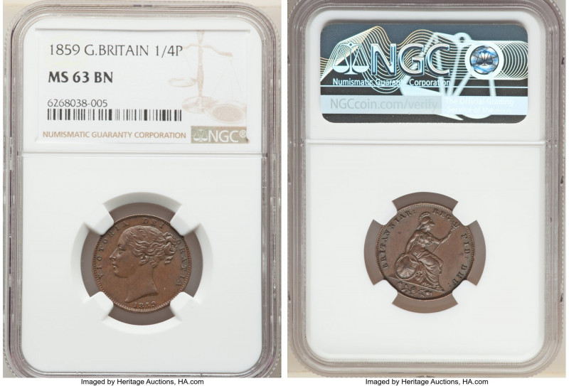 Victoria Farthing 1859 MS63 Brown NGC, KM725, S-3950. A tempting Choice Mint Sta...