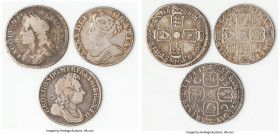 3-Piece Lot of Uncertified Shillings, 1) James II Shilling 1685 - Fine, KM451.1. 26mm. 5.57gm. 2) Anne Shilling 1710 - Fine, KM533.1. 24mm. 5.94gm. 3)...