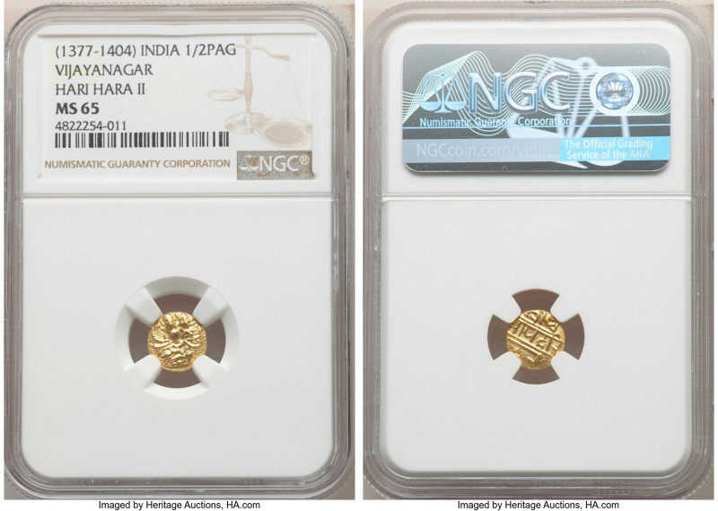 Vijayanagar. Hari Hara II gold 1/2 Pagoda ND (1377-1404) MS65 NGC, Fr-350. Prais...