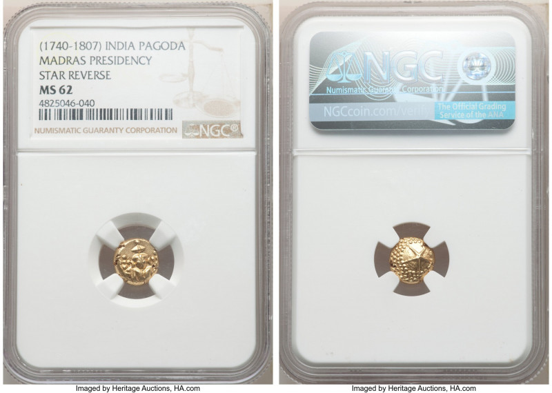 British India. Madras Presidency gold Pagoda ND (1740-1807) MS62 NGC, Fort St. G...