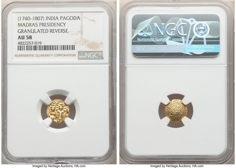 British India. Madras Presidency gold Pagoda ND (1740-1807) AU58 NGC, Fort St. G...