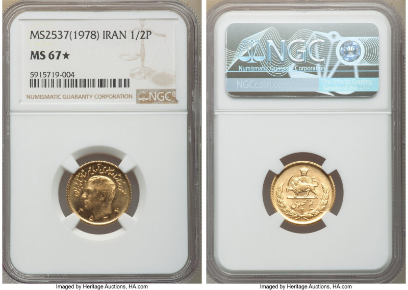 Muhammad Reza Pahlavi gold 1/2 Pahlavi MS 2537 (1978) MS67 S NGC, KM1199. Assign...