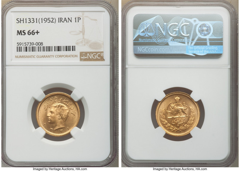 Muhammad Reza Pahlavi gold Pahlavi SH 1331 (1952) MS66+ NGC, KM1162. Decorated i...