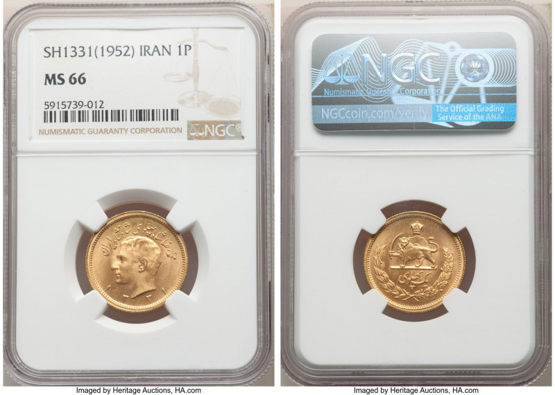 Muhammad Reza Pahlavi gold Pahlavi SH 1331 (1952) MS66 NGC, KM1162. Wholly radia...