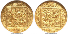 Almohad (Muwahhidun). Abu Ya'qub Yusuf I (AH 558-580 / AD 1163-1184) gold 1/2 Dinar ND MS64 NGC, No mint, A-483, Vives-2061, cf. Hazard-495 (Dinar). A...