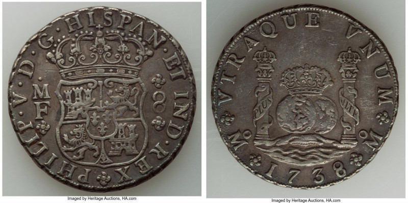 Philip V 8 Reales 1738 Mo-MF VF (Lacquered), Mexico City mint, KM103. 37mm. 26.9...