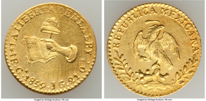 Republic gold Escudo 1859/7 Ga-JG UNC (Cleaned), Guadalajara mint, KM379.2. 18mm...