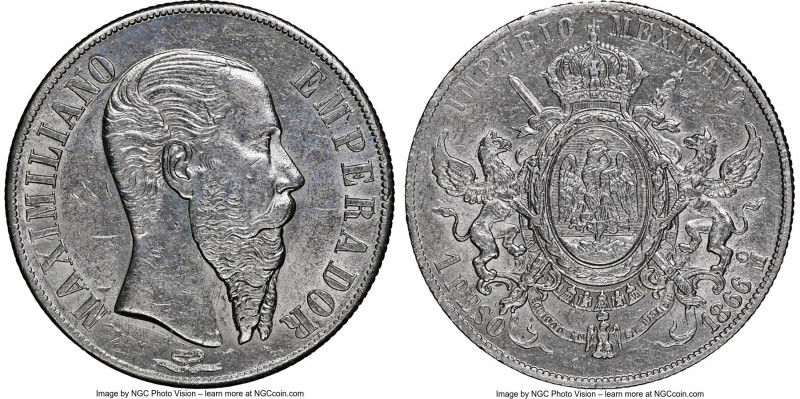 Maximilian Peso 1866-Mo AU58 NGC, Mexico City mint, KM388.1, Elizondo-172. A min...