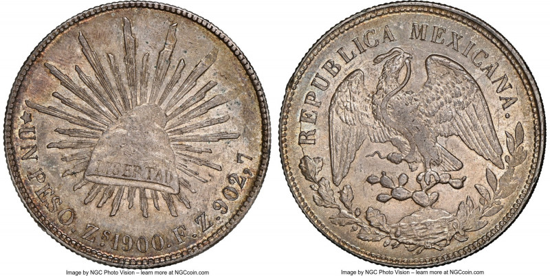 Republic Peso 1900 Zs-FZ MS62 NGC, Zacatecas mint, KM409.3. Attractively toned, ...