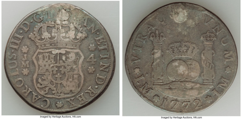 Charles III 4 Reales 1772 LM-JM VF (Plugged), Lima mint, KM63. 33mm. 12.87gm.
...