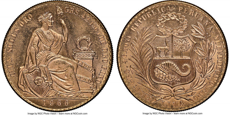 Republic gold 100 Soles 1966 MS66 NGC, Lima mint, KM231. Seated liberty type. AG...