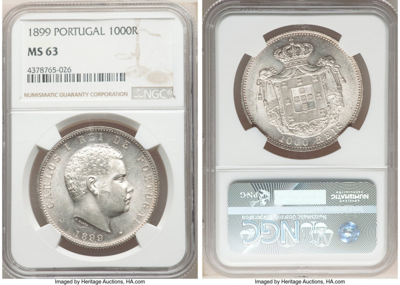 Carlos I 1000 Reis 1899 MS63 NGC, Lisbon mint, KM540. A wonderful Gem Mint State...