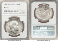 Carlos I 1000 Reis 1899 MS63 NGC, Lisbon mint, KM540. A wonderful Gem Mint State survivor populated with ample argent reflectivity throughout, elevate...
